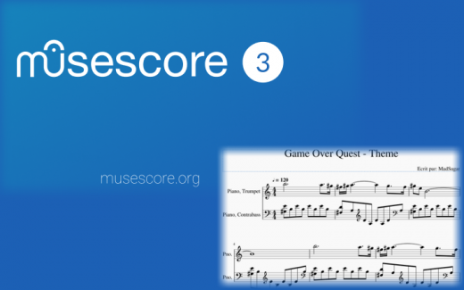 splash screen de Musescore 3 avec en bonus un morceau de partition de Game Over Quest